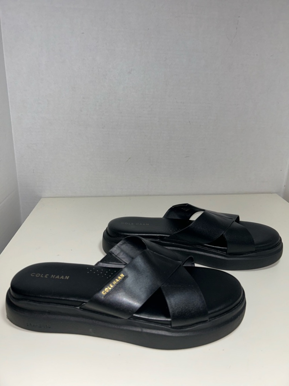 Cole Haan Grandpro Rally Black Criss Cross Leather Slide Sandal